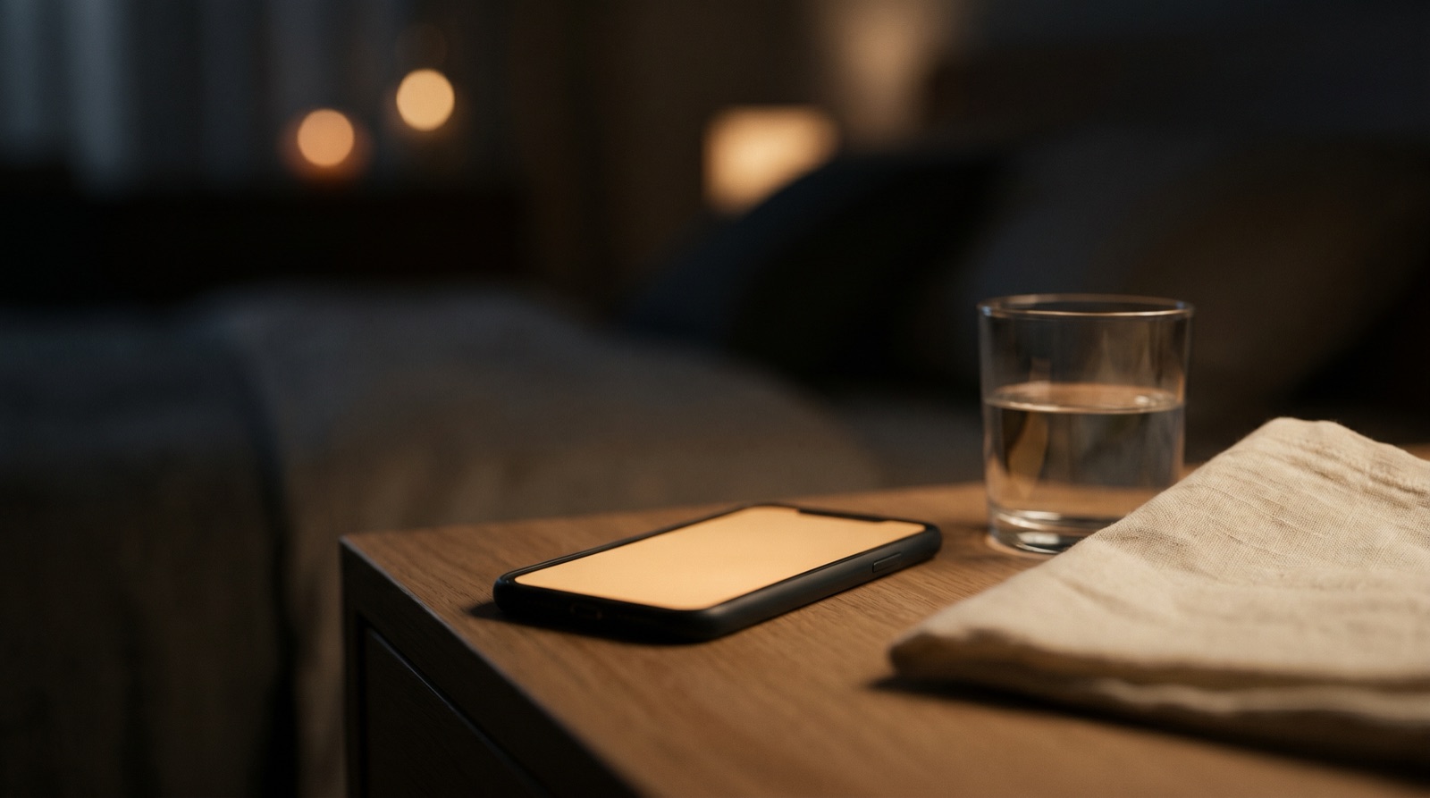 Mesita de noche con un teléfono iluminado con luz cálida